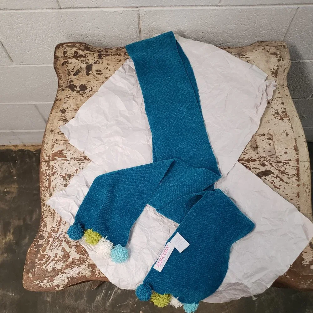 Airport Clothing Company Long Scarf ~ Teal and Poof Balls